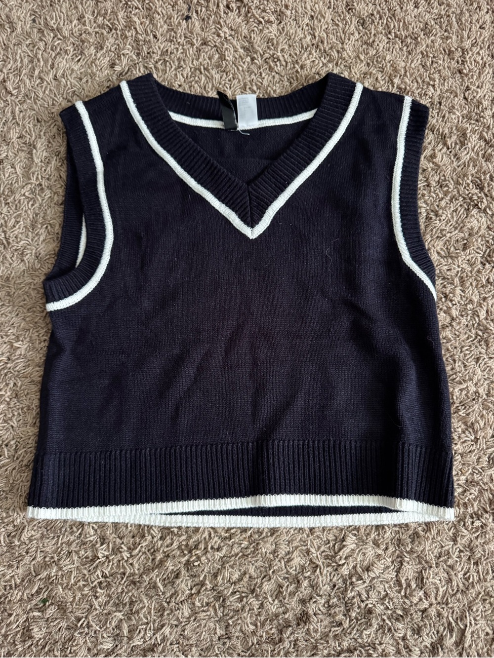 Divided Black Sleeveless V-Neck Knit Top with White Trim